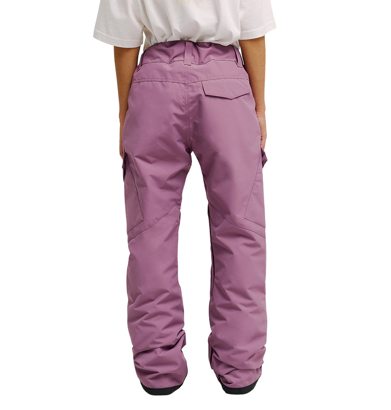 A person is seen from the back wearing DC Shoes Nonchalant Pants—loose-fitting, light purple insulated snow pants featuring a convenient right side pocket for easy access. Paired with a white shirt and black shoes partially visible at the hem, these pants are designed by DC Shoes for optimal performance in snowy conditions.
