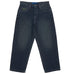The Men’s Worker Baggy Denim Double That Jeans by DC Shoes are heavyweight dark blue denim jeans with a relaxed, 90s skate-style fit. They feature five pockets, silver button and rivets, and a small green and black patch above the right front pocket. The baggy denim jeans are displayed laid flat on a white background.