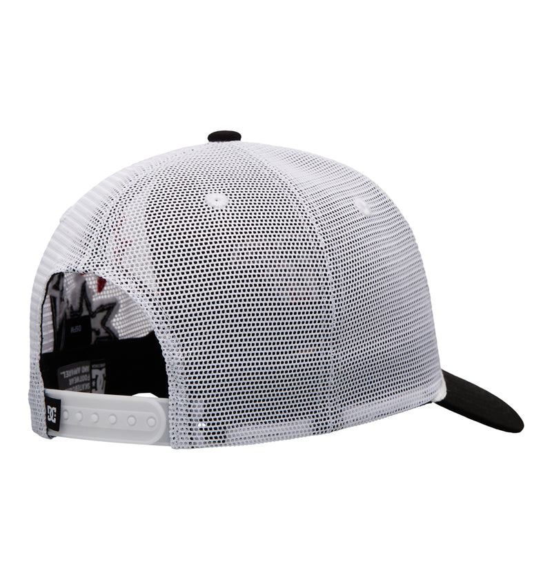 The Reebok Side Star Trucker hat features a white mesh design with a black brim, shown from the back to highlight its adjustable white snapback closure and a partially visible inner label.