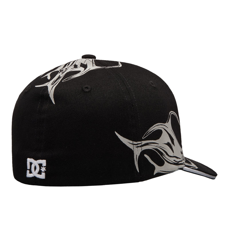 A black Reebok Fuego Cap featuring white tribal-style designs on the side, top, and brim, with a white Reebok logo embroidered on the back.