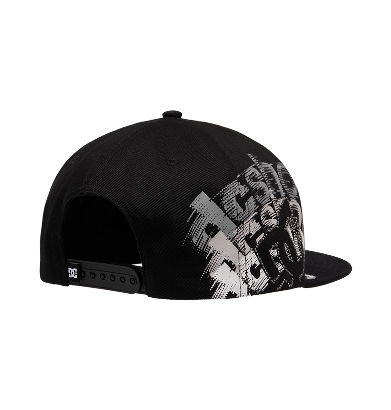 The Men's DC Omega 2 Cap by DC Shoes features a black design with white and gray graphics on the side and brim, plus an adjustable back strap with a small DC logo for subtle branding.