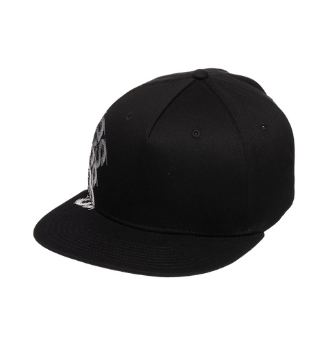 The Men's DC Omega 2 Cap by DC Shoes is a black skate snapback with a flat brim, shown angled on a white background. Part of the white embroidered DC branding appears on the front left side.