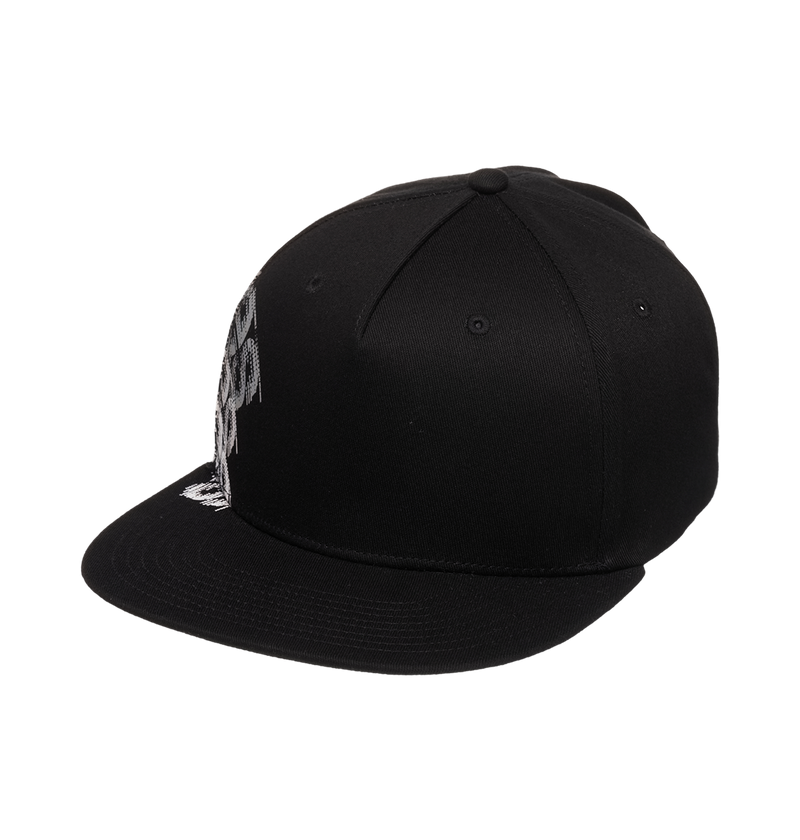 The Men's DC Omega 2 Cap by DC Shoes is a black skate snapback with a flat brim, shown angled on a white background. Part of the white embroidered DC branding appears on the front left side.
