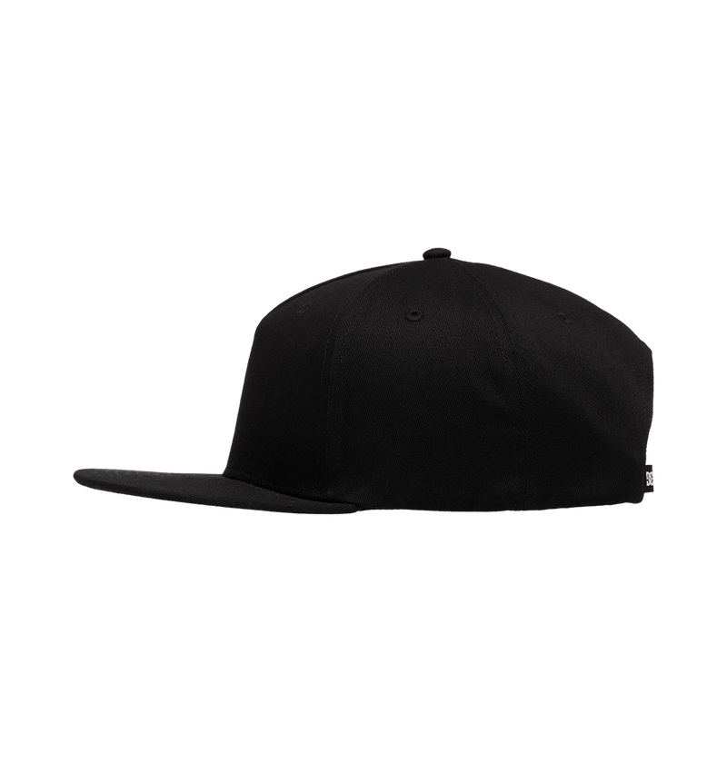 The Men's DC Omega 2 Cap by DC Shoes is a plain black skate cap with a flat brim, displayed in a side profile view against a white background.