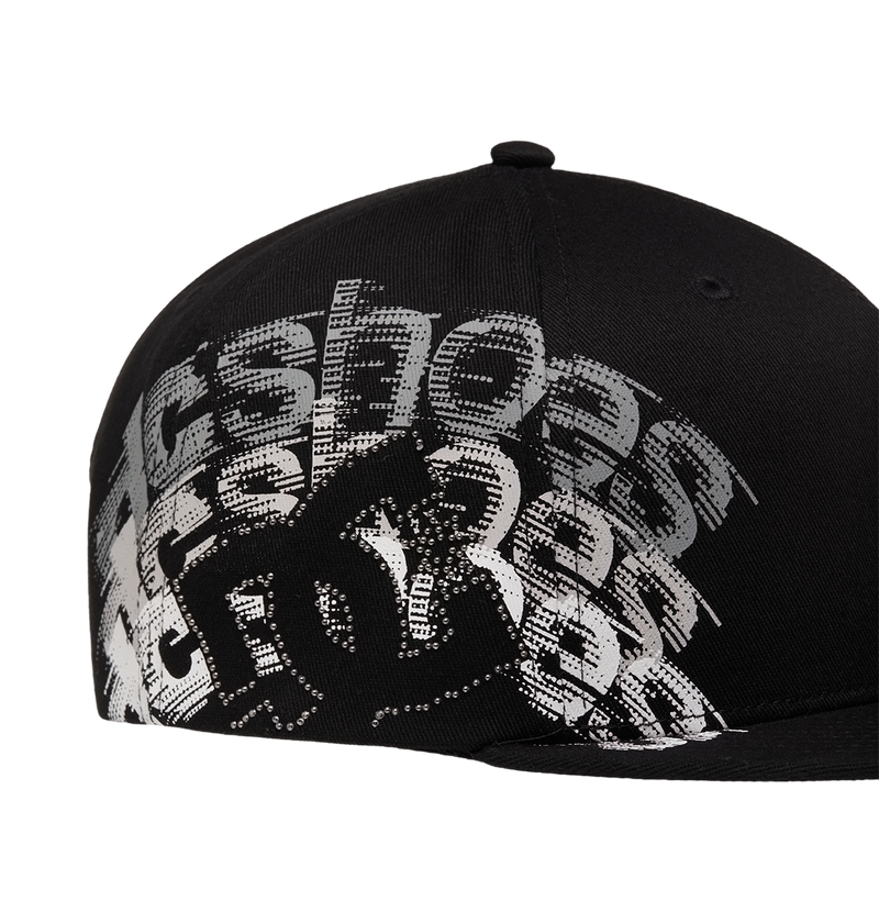 The Men's DC Omega 2 Cap by DC Shoes is a black skate cap with a bold white abstract text pattern on the side, offering a dynamic layered look. It features a rounded crown and flat brim.