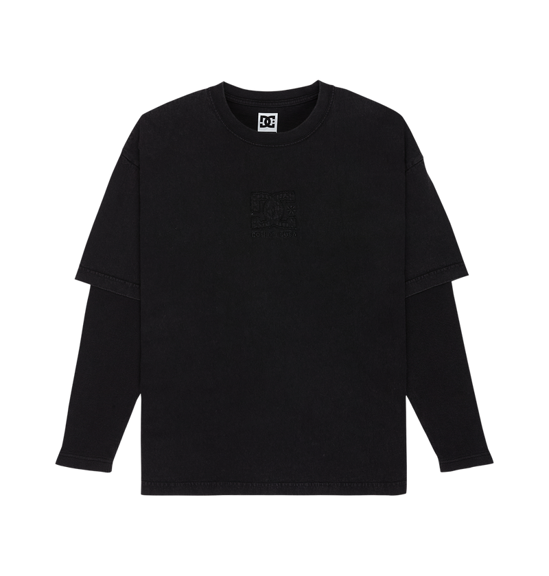 The Men’s DC Twofer Long Sleeve by DC Shoes features a classic crew neckline, layered black sleeves, and a subtle logo design on the chest, embodying authentic streetwear style. Shown against a plain white background.