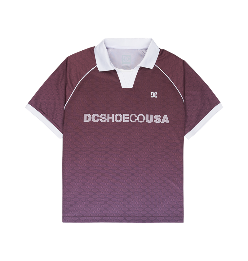 The Men's DC Soccer Top by DC Shoes is a maroon short-sleeve polo with a white collar and cuffs, DCSHOECOUSA across the chest, and a small DC logo on the left side for athletic style and everyday comfort.