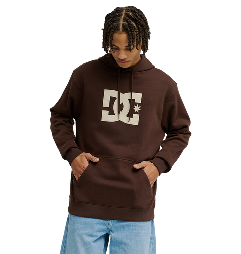 The Men's DC Star Hoodie by DC Shoes is a brown fleece pullover with a large light-colored DC logo on the chest and a front kangaroo pocket, shown against a white background.