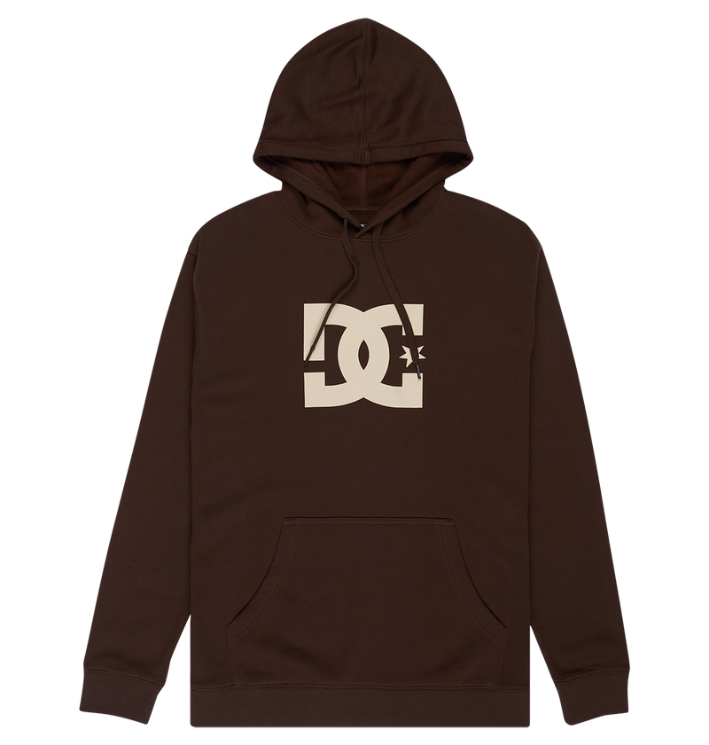 The Men's DC Star Hoodie by DC Shoes is a brown pullover with a front pocket and a large beige DC Shoes logo on the chest, showcasing classic DC graphics for standout style.