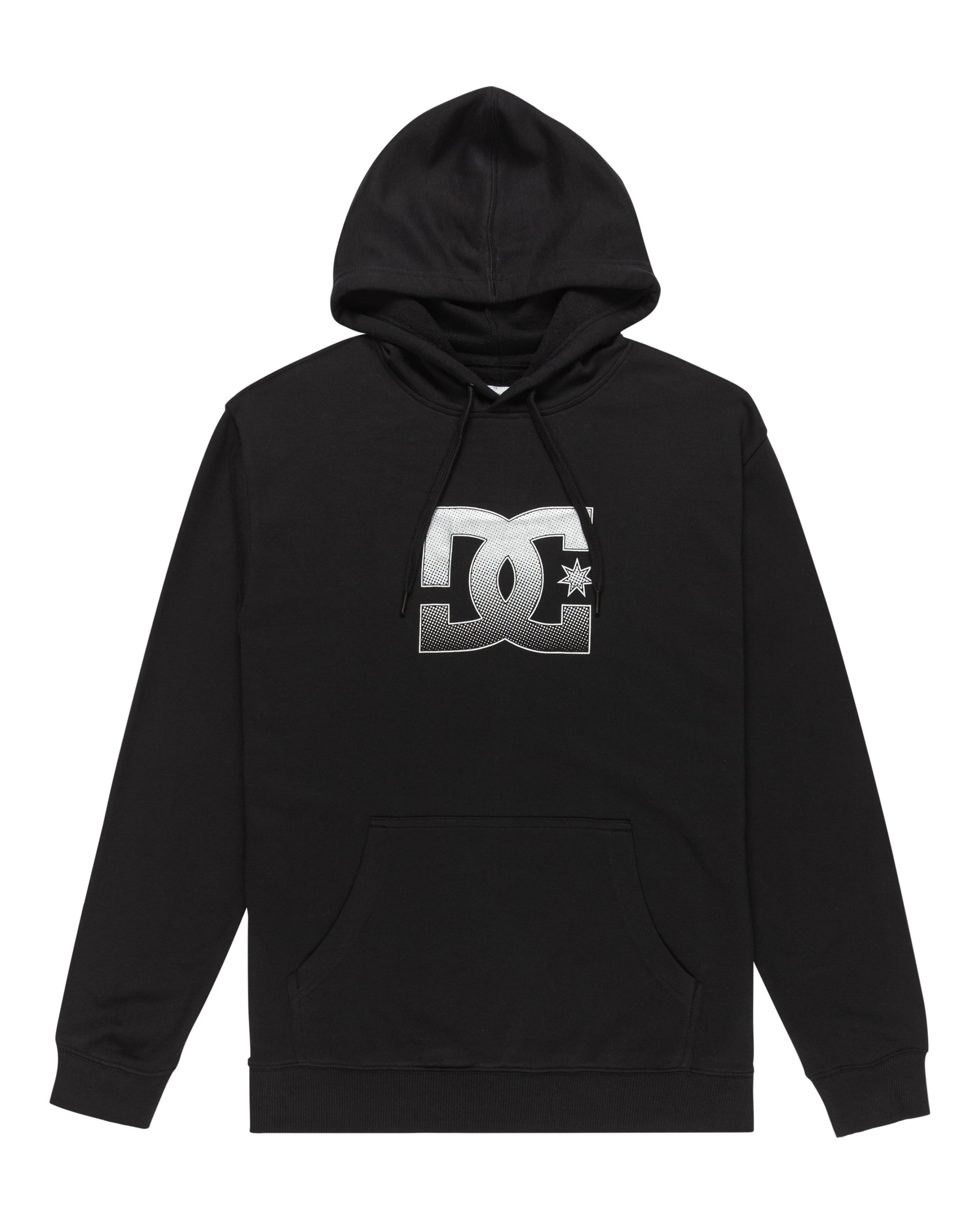 The Men's Star Hoodie by DC Shoes is black with a front pocket, drawstring hood, and features a large silver DC logo with a star on the chest.