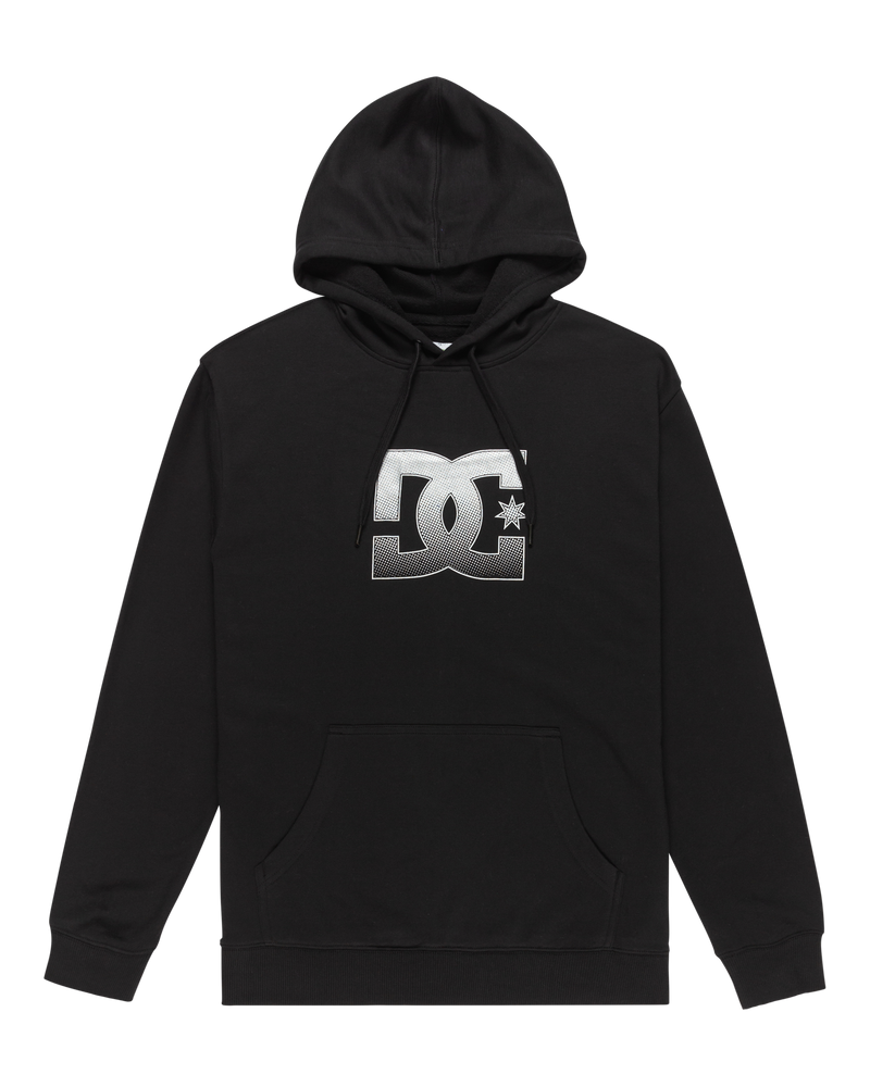 The Men's Star Hoodie by DC Shoes is black with a front pocket, drawstring hood, and features a large silver DC logo with a star on the chest.