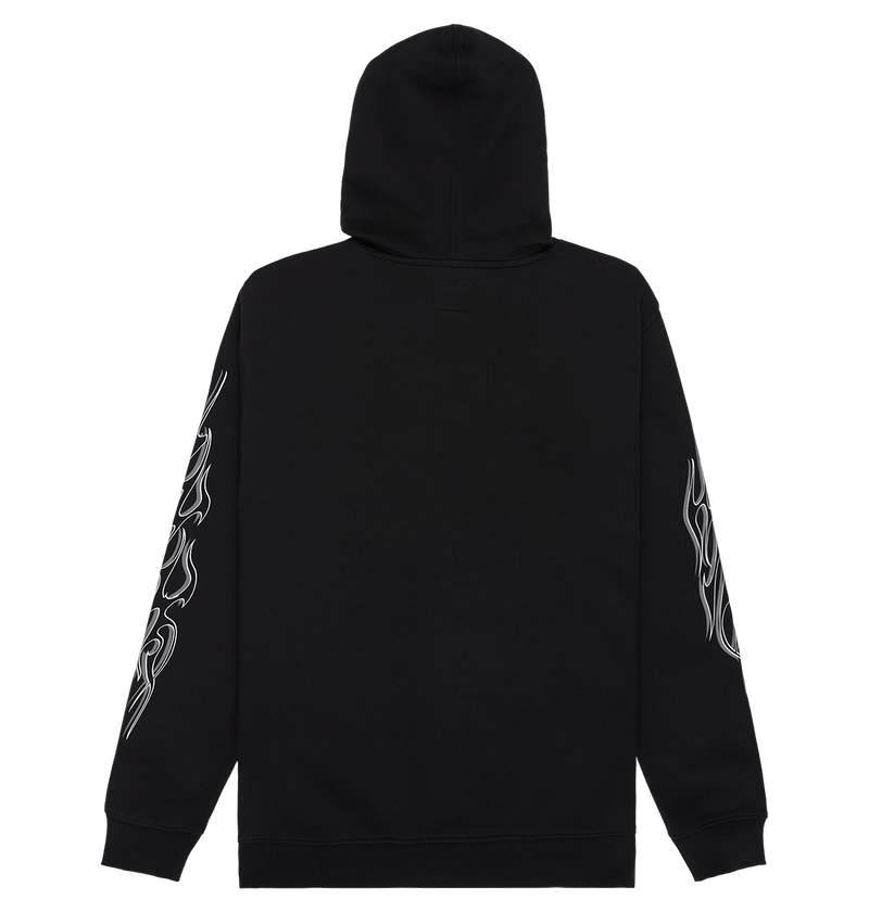The DC Shoes Men's Side Flame Hoodie is displayed from the back with the hood up, highlighting bold white flame designs running down both sleeves. Made with warm fleece, this hoodie is set against a plain white background.