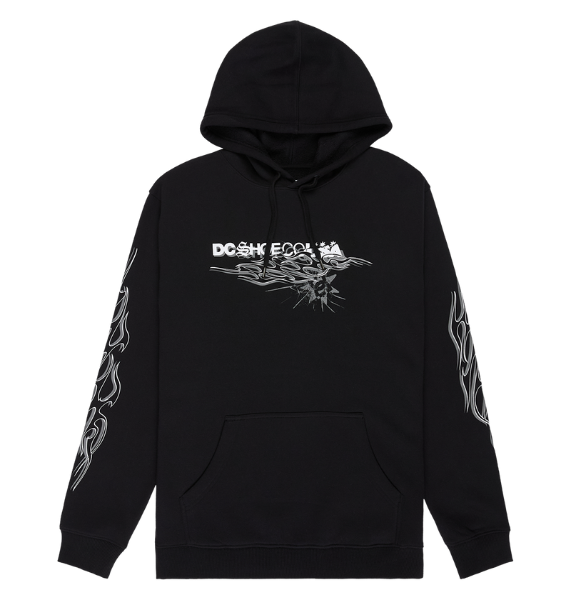 Introducing the Men's Side Flame Hoodie from DC Shoes—a black pullover hoodie with striking white flame graphics down the sleeves and bold DC branding with text on the chest. Designed for ultimate comfort, it features a soft fleece interior, convenient front pocket, and adjustable drawstrings.