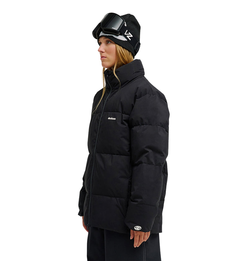A person in the DC Shoes Trackstar Puffer 10K jacket, black pants, a black beanie, and ski goggles stands facing left against a white background.