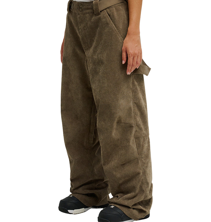 A person wearing loose-fitting, brown DC Shoes Snow Carpenter Pant 10K, designed for weather protection and enhanced venting, paired with black shoes and standing with their arms relaxed by their sides. The focus is on the pants and lower body.