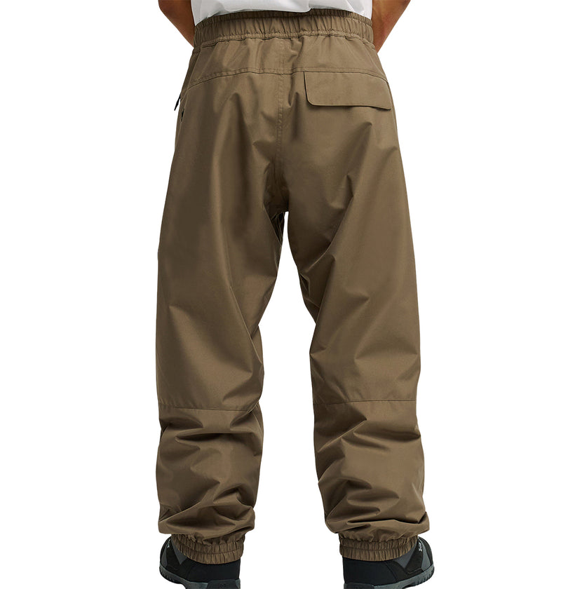 A person is seen from behind wearing DC Shoes Smoke Pants 10K—loose-fitting brown pants with an elastic waistband and cuffs. These breathable pants feature a flap back pocket, and only the lower back and legs are visible.