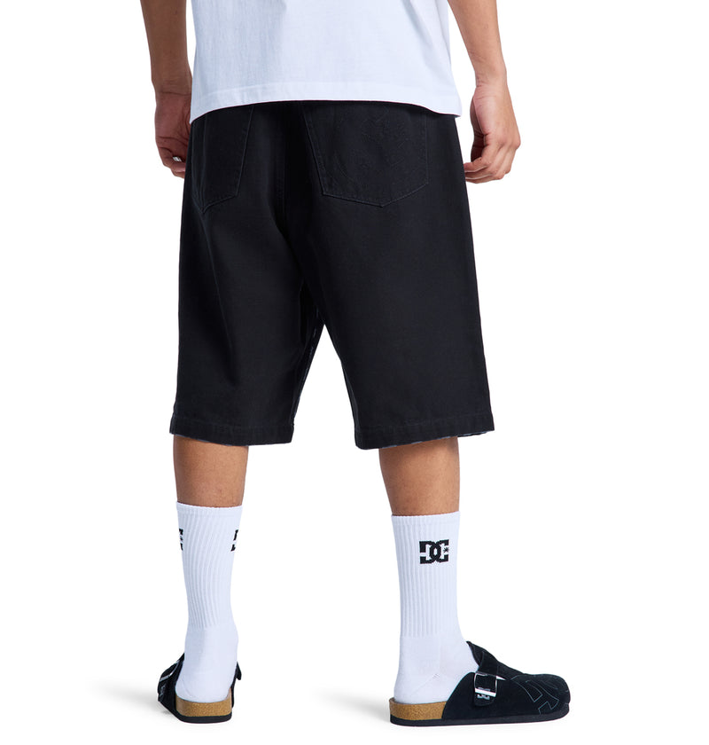 A person is shown from the back in Reebok Stressed 5 Pocket black knee-length shorts, a white T-shirt, white socks, and black slip-on sandals against a white background.
