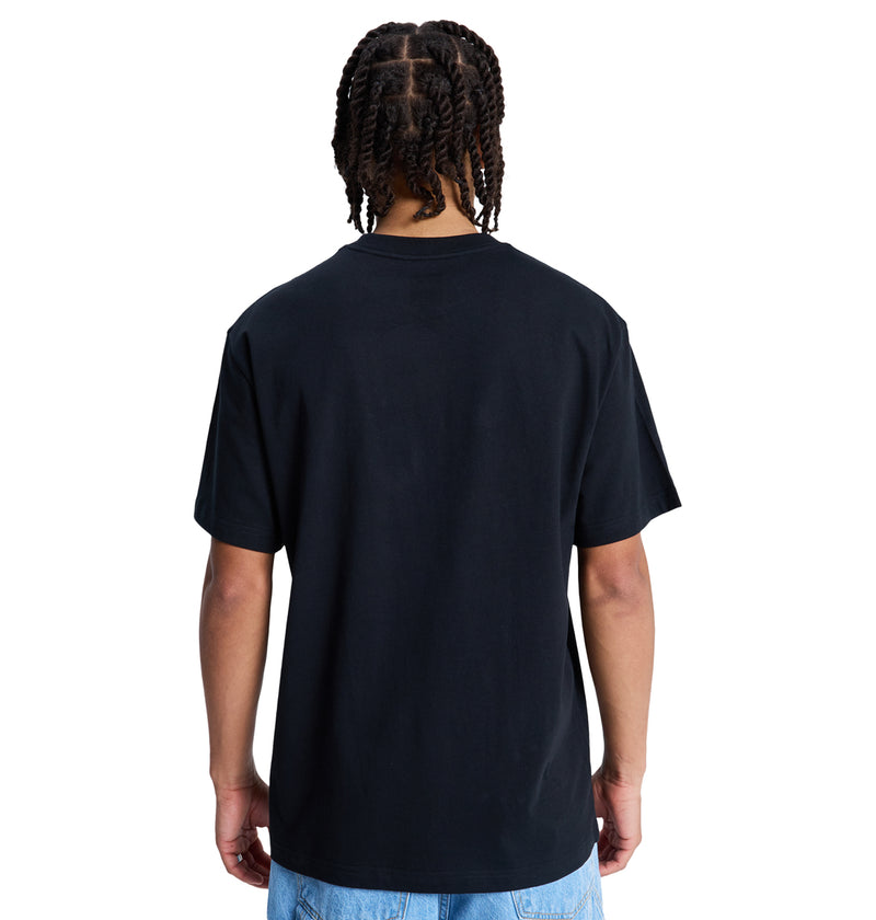 A person with braided hair is seen from the back, wearing a Reebok DC Star Oxidized Hss plain black t-shirt and light blue jeans against a white background.