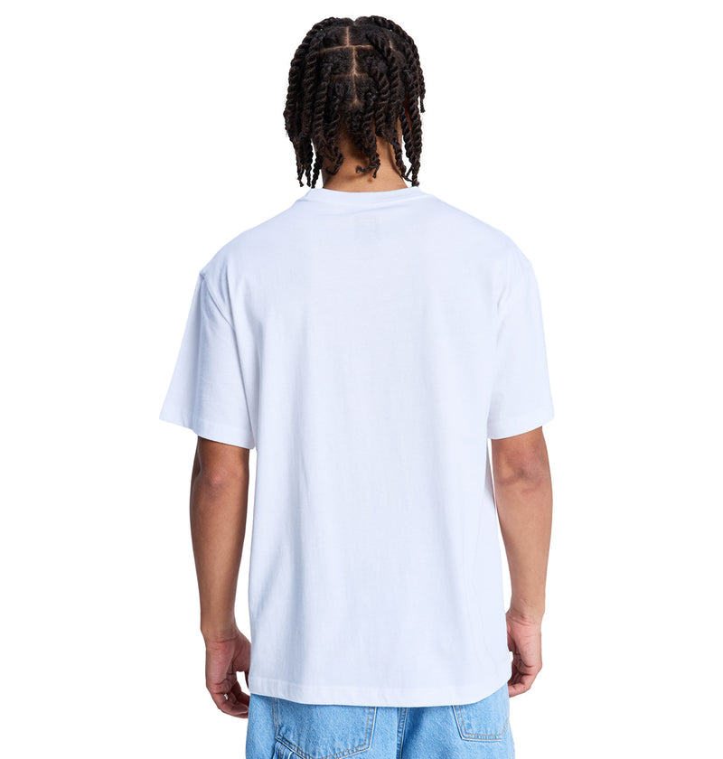 A person with braided hair is shown from the back against a white background, wearing the Reebok DC Star Oxidized Hss T-shirt and light blue jeans.