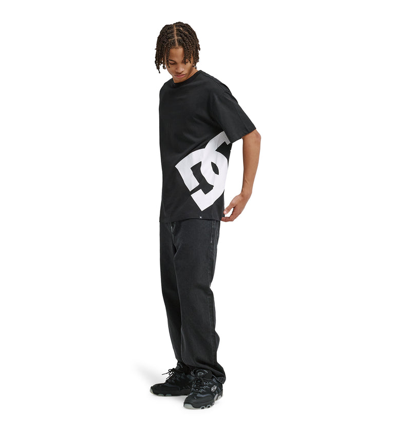 A person wearing a black Reebok DC Lanai Hss T-shirt with a large white DC logo, loose black jeans, and black sneakers stands facing slightly downward against a plain white background.