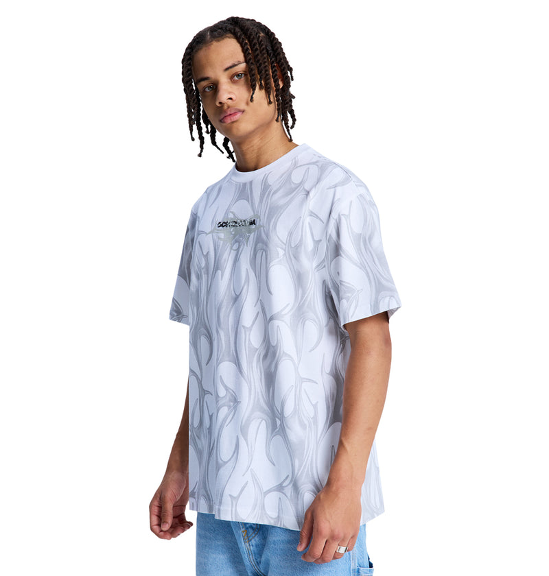 A young person with braided hair models the Reebok DC Liquid Fuego Hss—a loose, light gray patterned T-shirt with a small chest graphic—paired with light blue jeans, standing against a white background and looking slightly to the side.