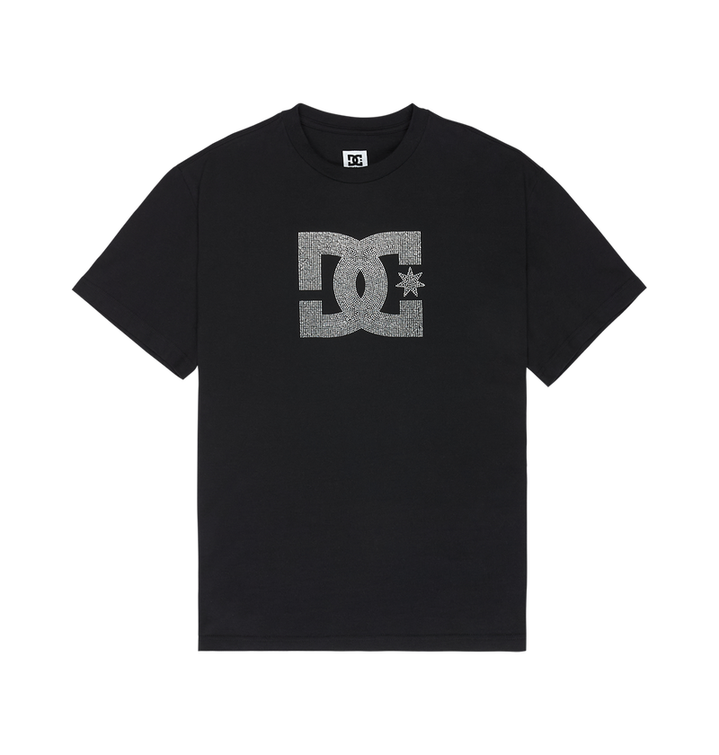 Men’s DC Strass Star Tee by DC Shoes showcased laid flat on a white background, featuring a large gray star-detailed DC Shoes logo across the chest. This black short-sleeve skate graphic t-shirt is crafted from soft cotton for comfort.