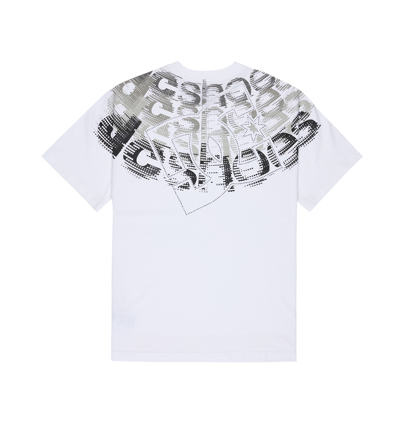 The Men’s DC Omega 2 Tee by DC Shoes is a white, relaxed-fit T-shirt that showcases a large, abstract black and gray graphic with oversized, overlapping distorted letters and a halftone pattern across the upper back—delivering bold skateboard-inspired style.