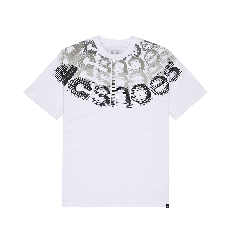 The Men’s DC Omega 2 Tee by DC Shoes features a white short-sleeve design with a gray and black pixelated graphic across the upper chest and shoulders, showcasing the repeating word “SHOES” in a bold, stylized font. This skate-inspired tee offers a relaxed fit and is made from soft cotton for comfortable, all-day wear.