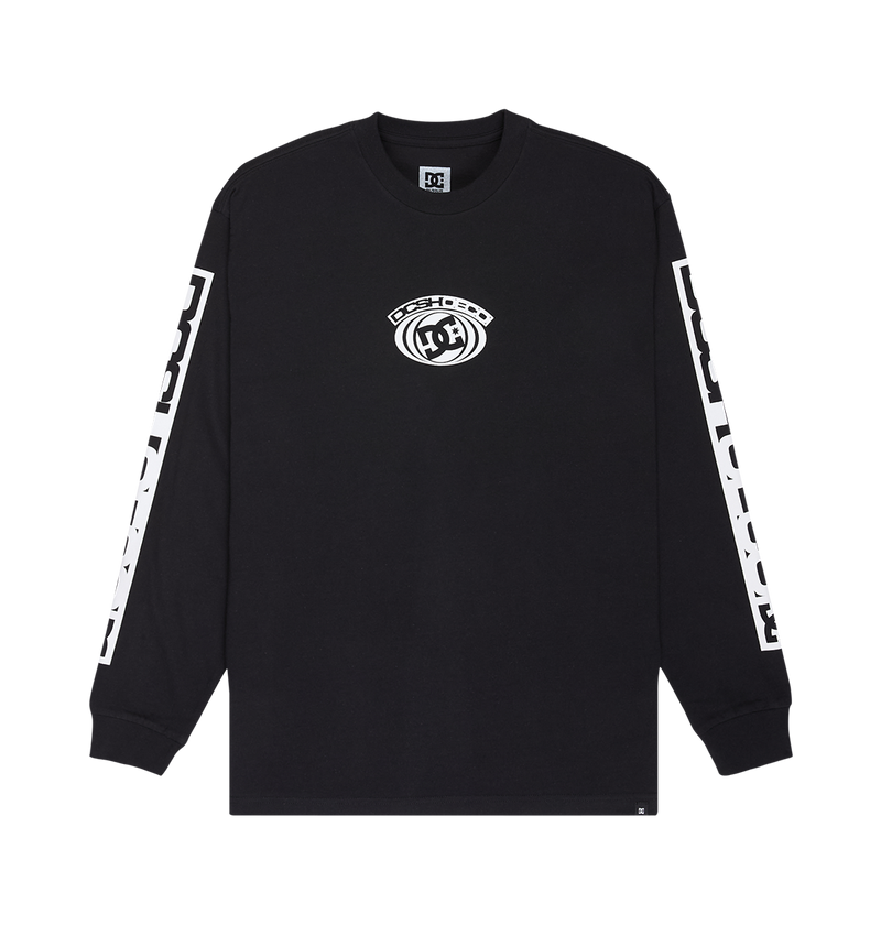 The Men's DC Echo Tee by DC Shoes is a black long-sleeve graphic t-shirt featuring a white DC Shoes logo on the chest and bold white "DC SHOES" text running down both sleeves. Iconic DC artwork gives this tee a standout look, ideal for skate sessions or casual wear. The shirt is displayed laid flat on a white background.