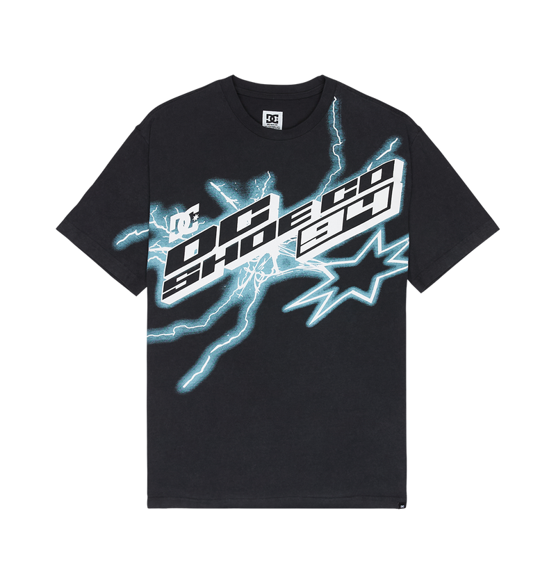 The Men's DC Star Struck Tee by DC Shoes is a black graphic skate shirt showcasing blue lightning designs and striking white "DC SHOES 94" text across the chest. Crafted for a relaxed fit, it’s completed with unique star struck artwork near the bottom right, adding an extra element of style.