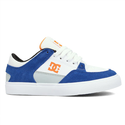 Blue and white sneaker with orange logo on a white background
