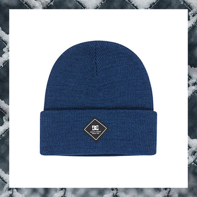 Blue beanie with a logo on a white background