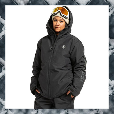 Person wearing a black jacket with a hood and goggles on a snowy background