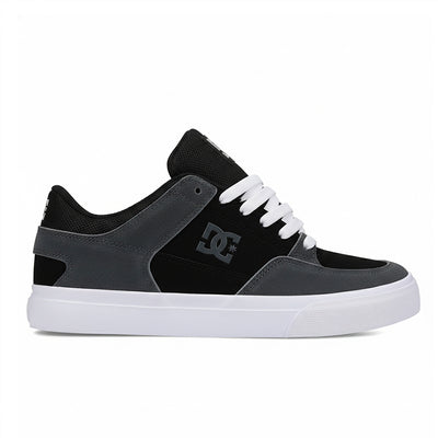 Black and gray sneaker with white laces on a white background