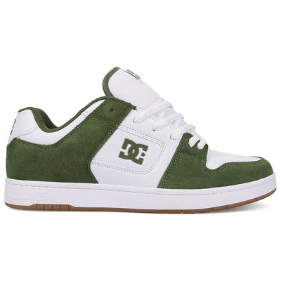 Green and white sneaker with DC logo on a white background