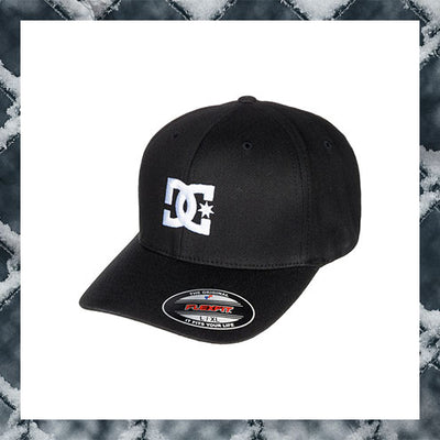 Black cap with a white logo on a marble background