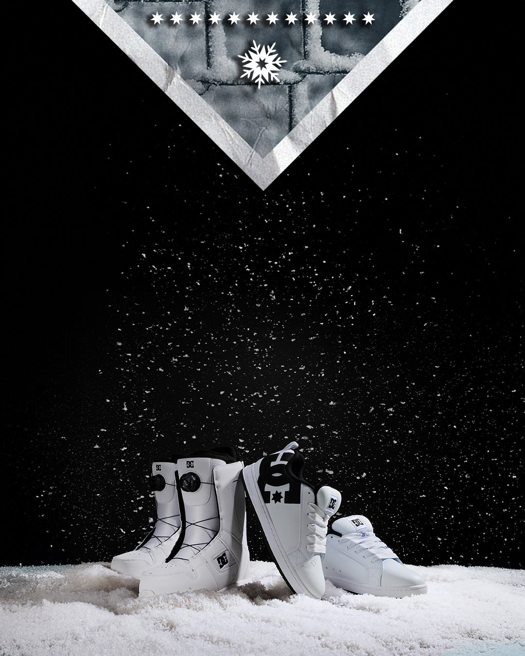White DC snowboard boots and Court Graffik sneakers on white snow in front of a starry backdrop with a frosted pane of glass on the top