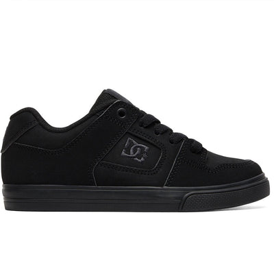 Black sneaker with a logo on a white background