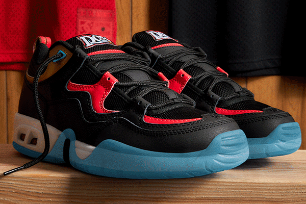 GIF of black and red sneakers, black sneakers with blue soles and red accents, and white sneakers with yellow accents.