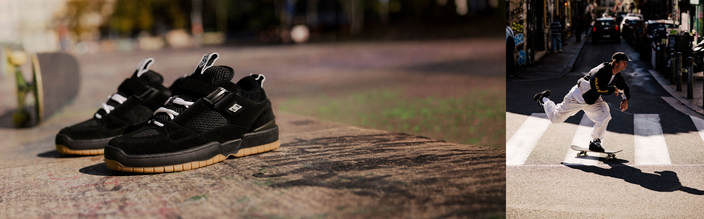Black sneakers with brown soles on a textured surface, followed by a person skateboarding on a street.