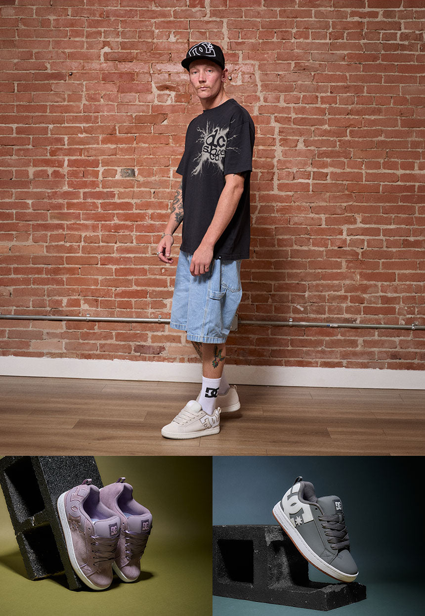 Collage of person in a black shirt and cap and white socks and sneakers standing against a brick wall with four pairs of purple, beige, red, and gray sneakers against dark backgrounds.