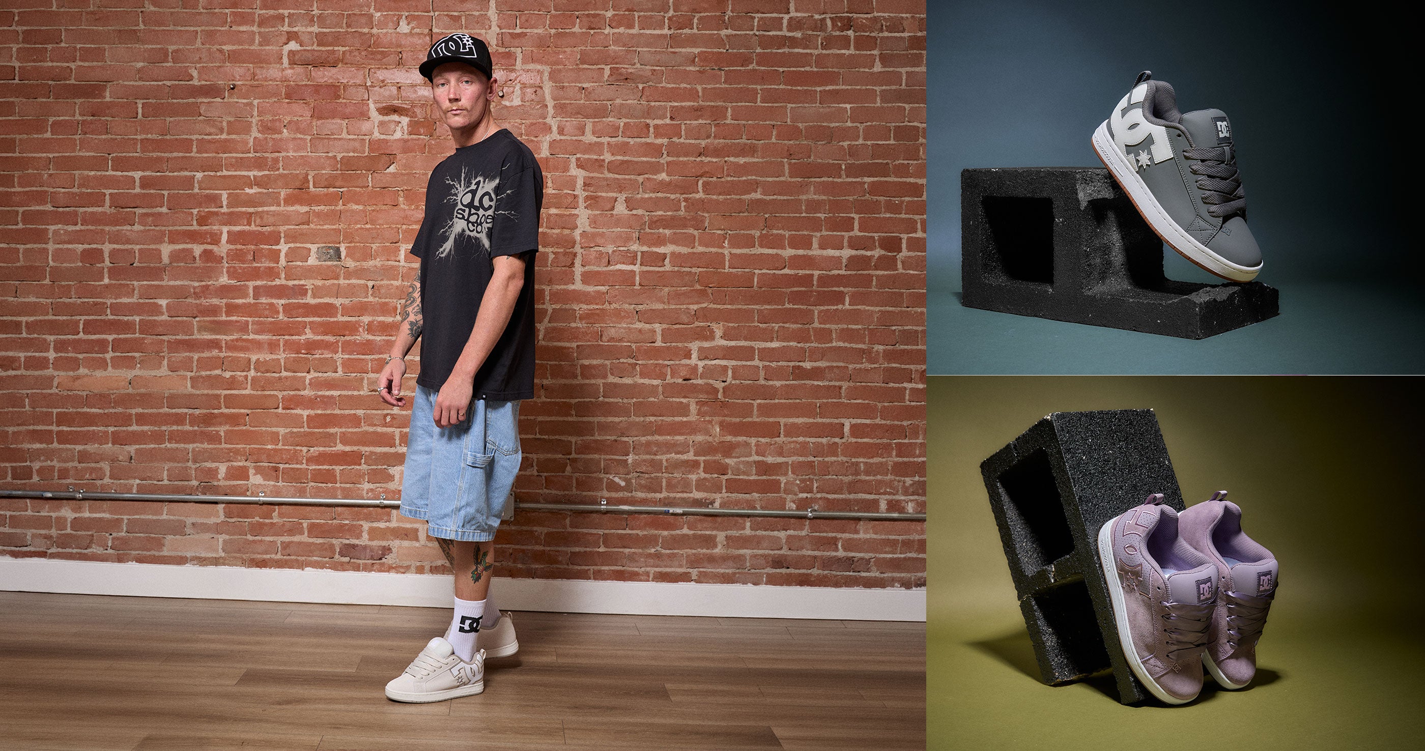 Collage of person in a black shirt and cap and white socks and sneakers standing against a brick wall with four pairs of purple, beige, red, and gray sneakers against dark backgrounds.