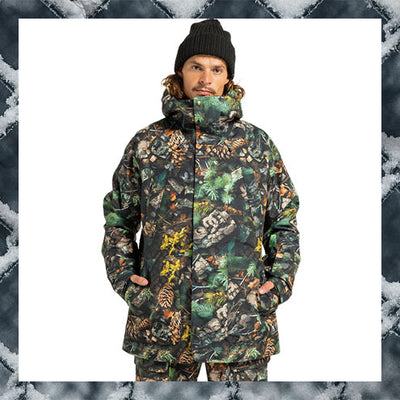 Person wearing a camouflage-patterned jacket on a snowy background