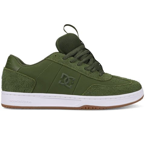 The DC Shoes Men's Astrix in olive green features suede and leather overlays, a mesh tongue, matching laces, white midsole, gum rubber outsole, and the DC logo—delivering style and grip for street skateboarding.