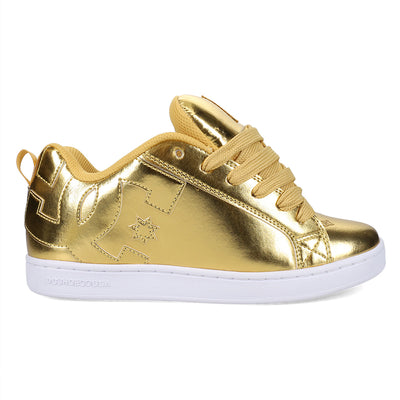 Gold sneaker with white sole on a white background