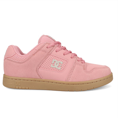 Pink sneaker with a brown sole on a white background